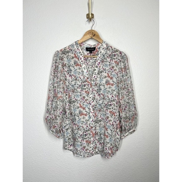 Saloni Silk Chiffon Floral Blouse Size 2 Sheer Puff Sleeve Top - Picture 1 of 5